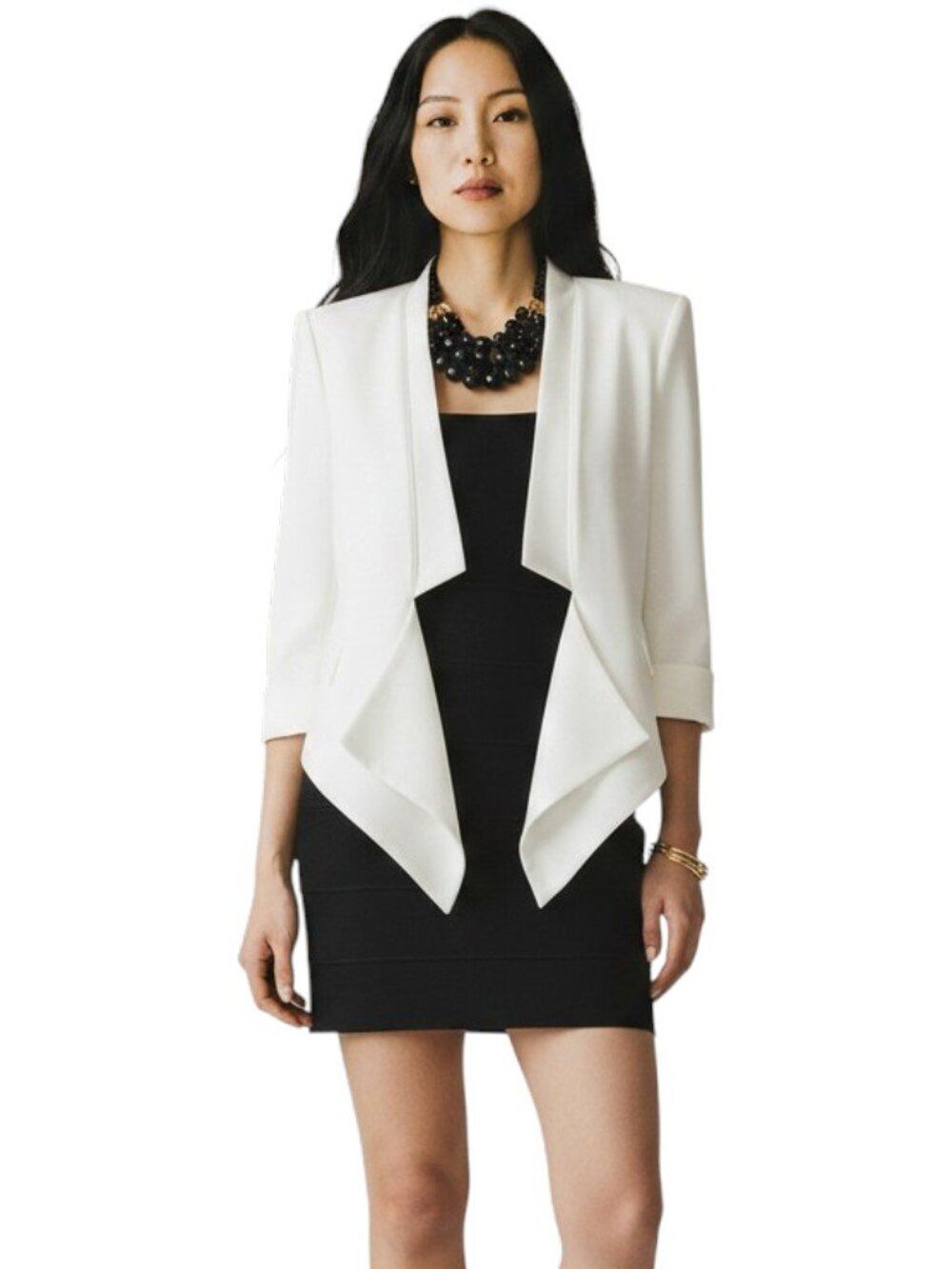 BCBG MaxAzria Candice Satin Draped Waterfall Blazer Open Front White Gardenia M